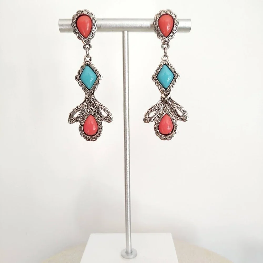 Coral and turquoise beaded earrings with silver base